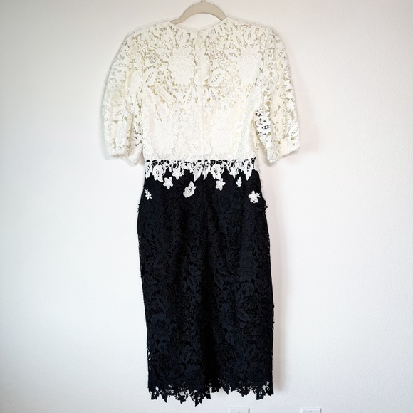 Lela Rose‎ Two-Tone Floral Ivory Black Lace Cocktail Midi Dress Size 10 - Picture 13 of 16